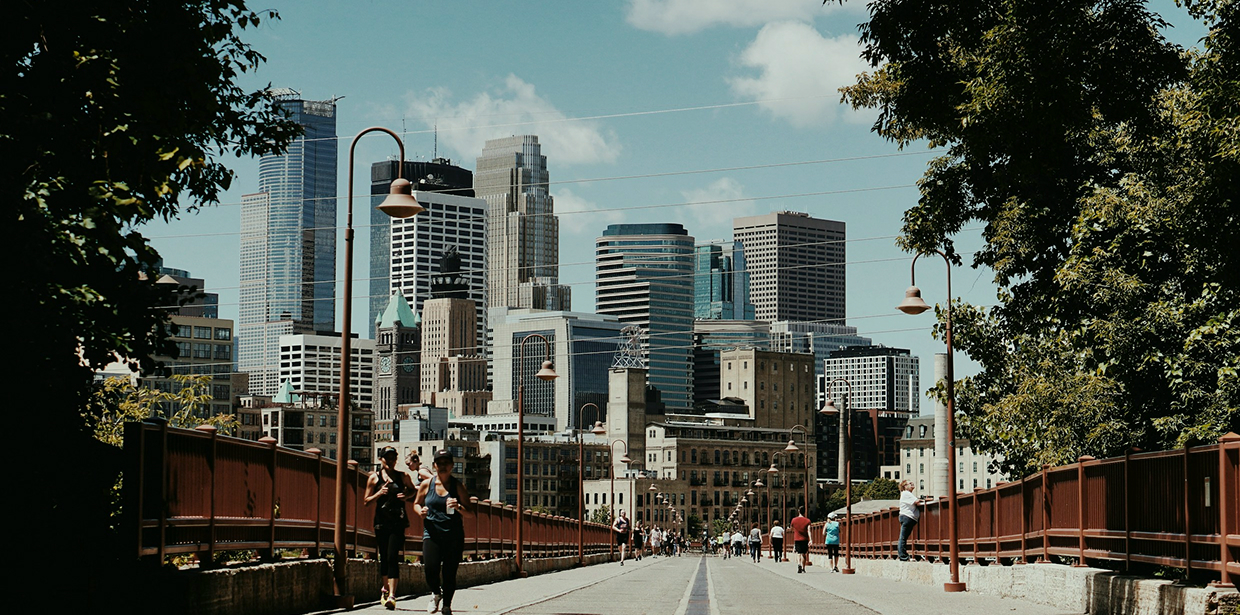 Minneapolis skyline viewed from a pedestrian bridge