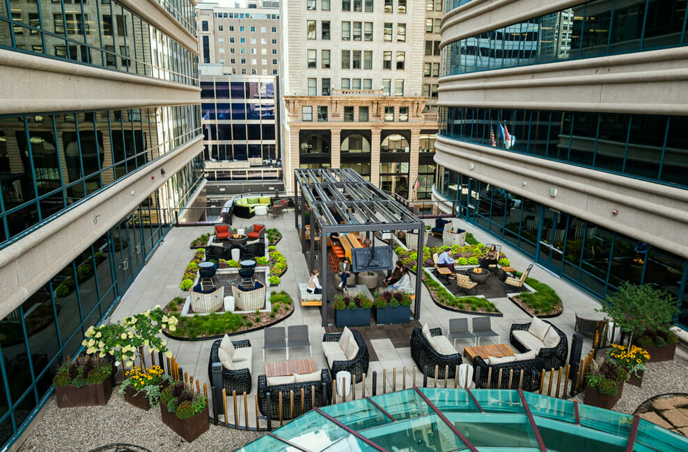 Rooftop terrace between downtown Minneapolis office buildings