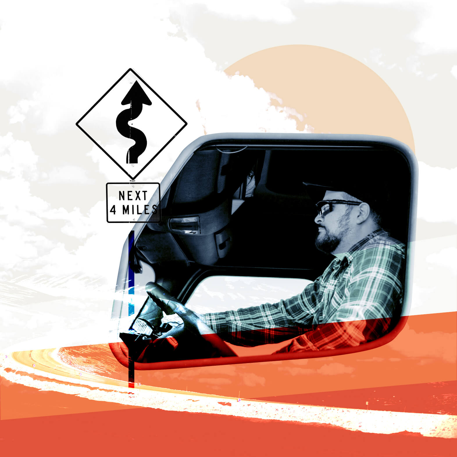 Truck driver at the wheel beside road signs