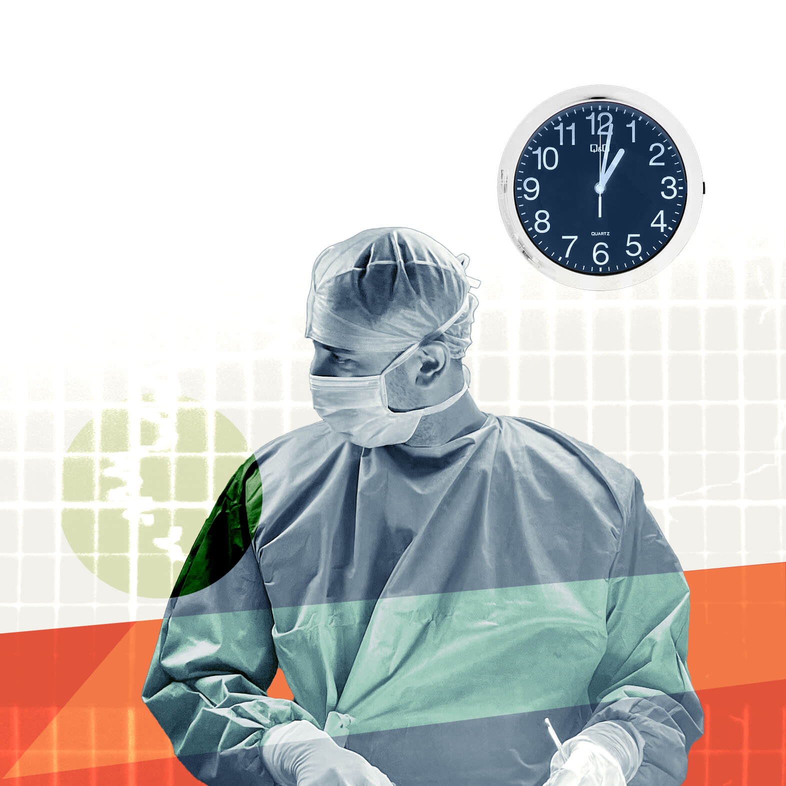 Healthcare worker in scrubs beside a clock graphic